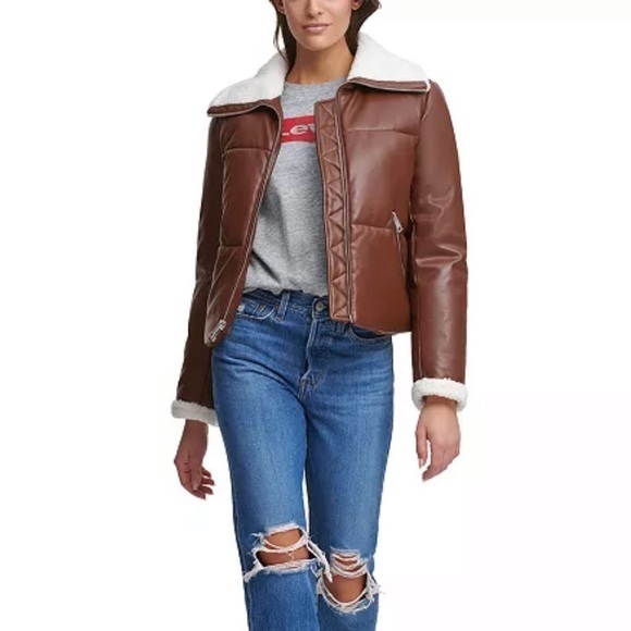 NWT Levi’s Breanna Puffer Brown Sherpa Lined Faux Leather - Picture 6 of 10